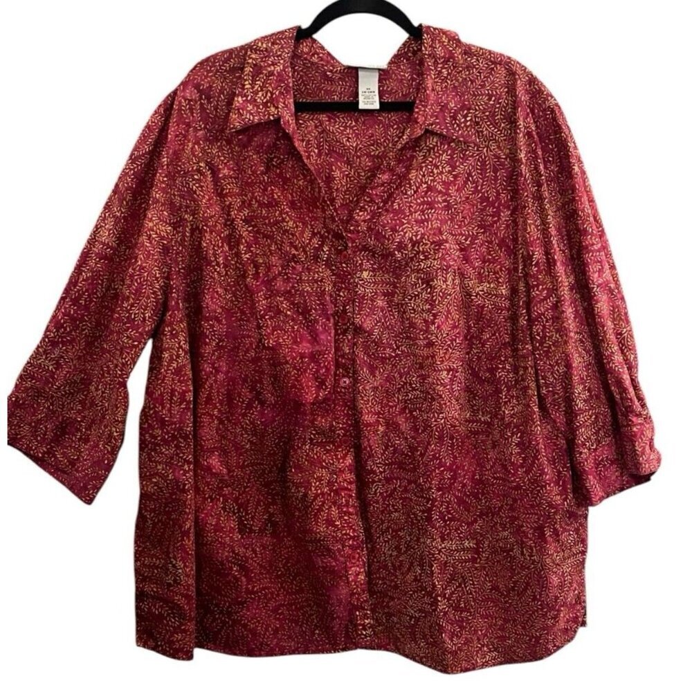 CATHERINES Women Button Front Tunic Blouse Sz 3XL Red Collared‎ Casual 12-14